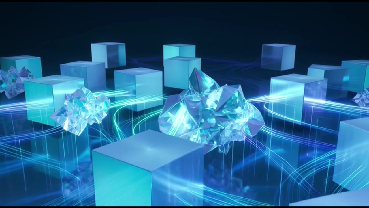 Abstract Digital Network Connecting Glowing Cubes and Geometric Crystals
