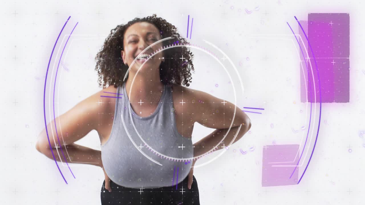 Model standing hands on hips on cue, tilting and laughing while HUD rings aligning for marketing