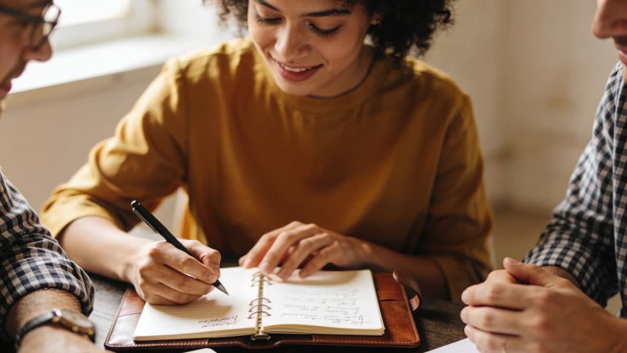 Writing woman in mustard top taking notes at meeting table as men watch, using ringbound notebook