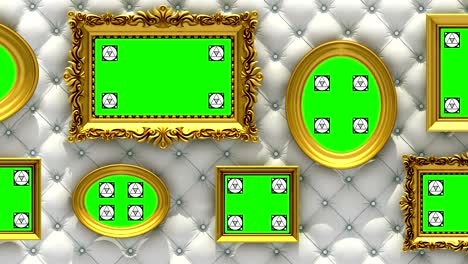 picture gallery 3d animation. gold picture frames on luxury white upholstery background. camera moves along the wall, seamless loop. motion tracking markers and green screen included.