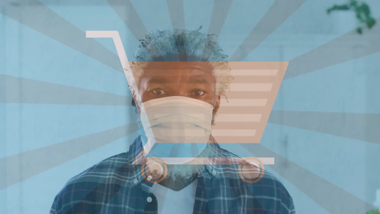 얼굴 마스크를 입은 남자 위에 쇼핑 카트의 애니메이션