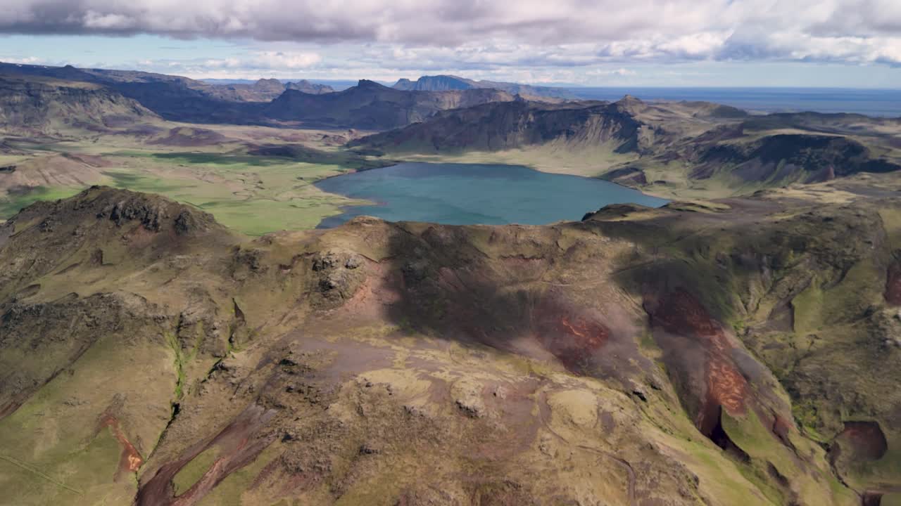 Aerial approaching shot of lake is Heidarvatn near Vík on the south coast of Iceland. Wide shot. Sunny day with blue sky and green hills.