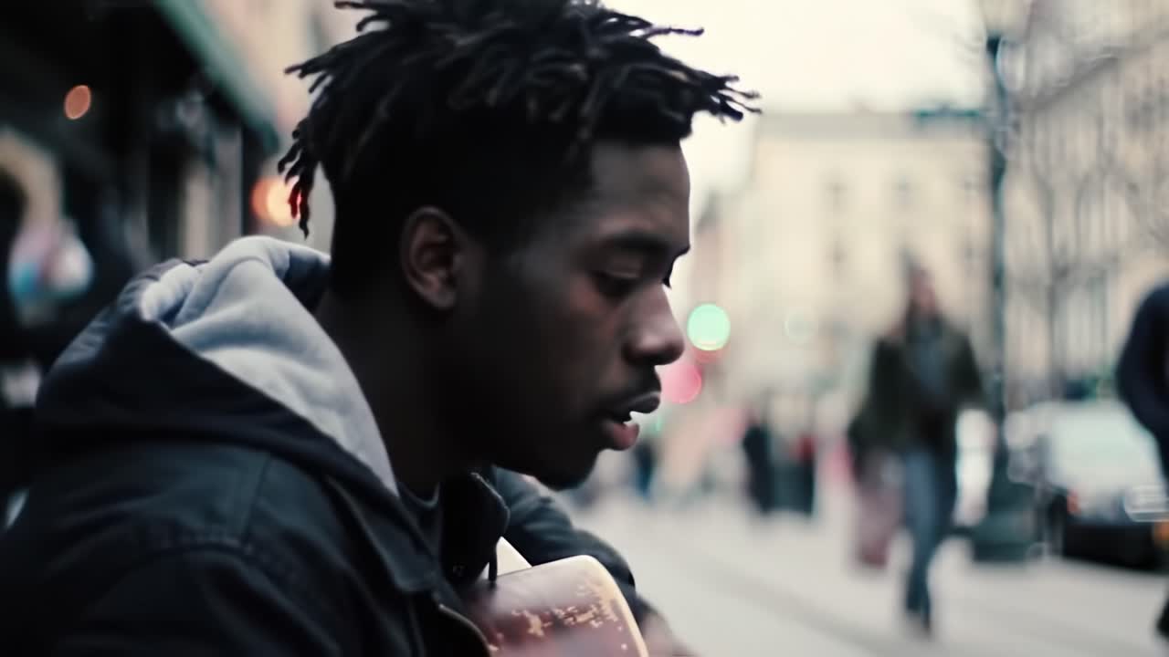 Un momento di riflessione di un artista di strada che suona la chitarra in un vivace ambiente cittadino cattura l'essenza della vita urbana e dell'espressione artistica