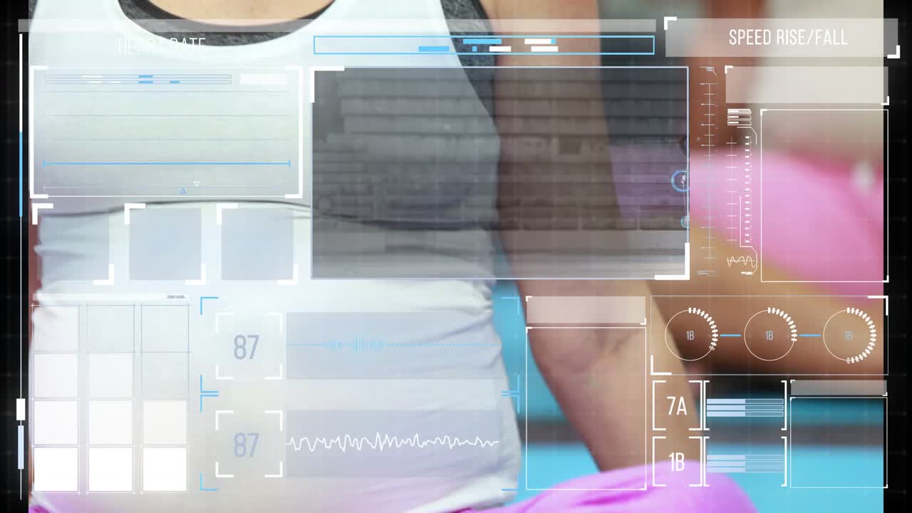 Camera rising, female trainee moving shoulders while HUD tracking heart rate and speed for fitness