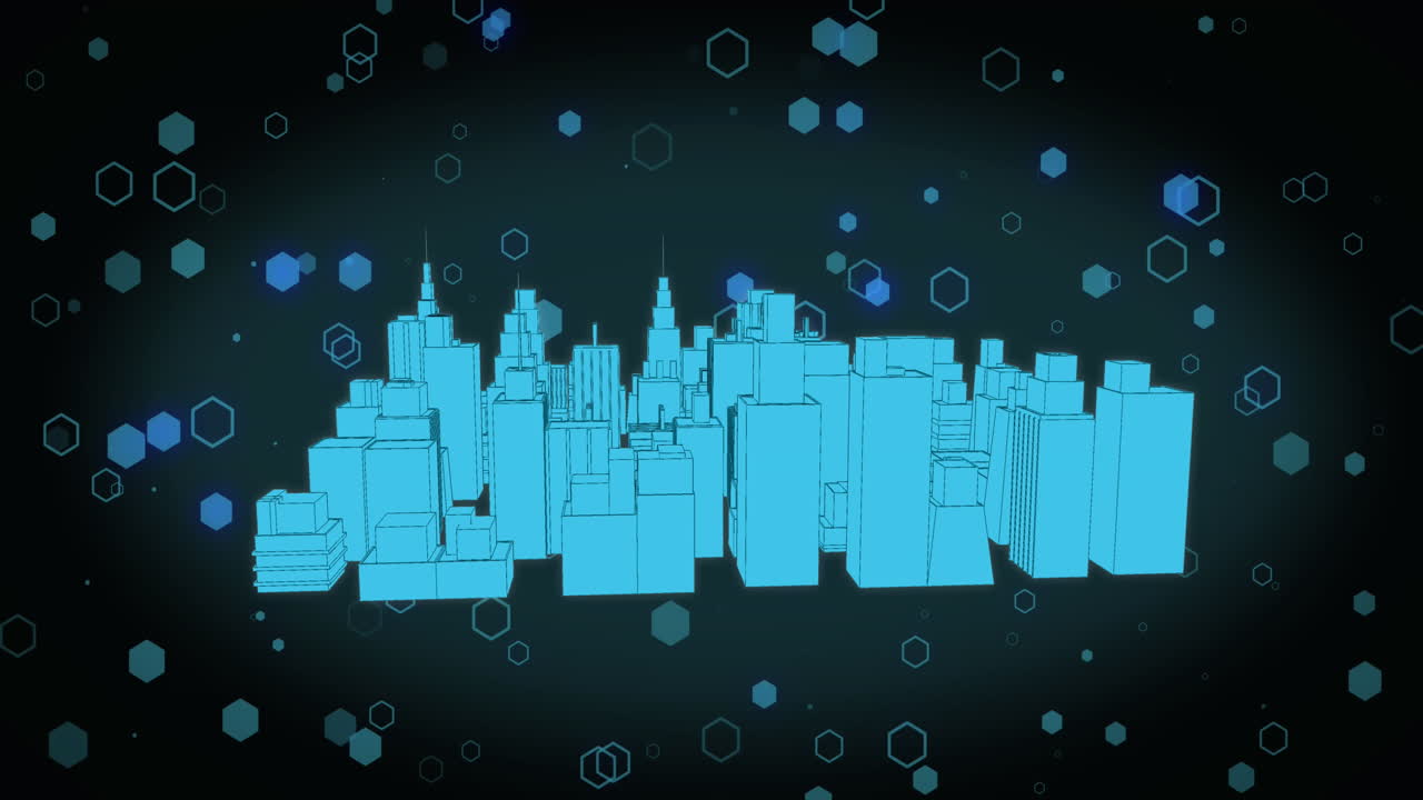 검은색 배경에 디지털 도시 위의 모양의 애니메이션