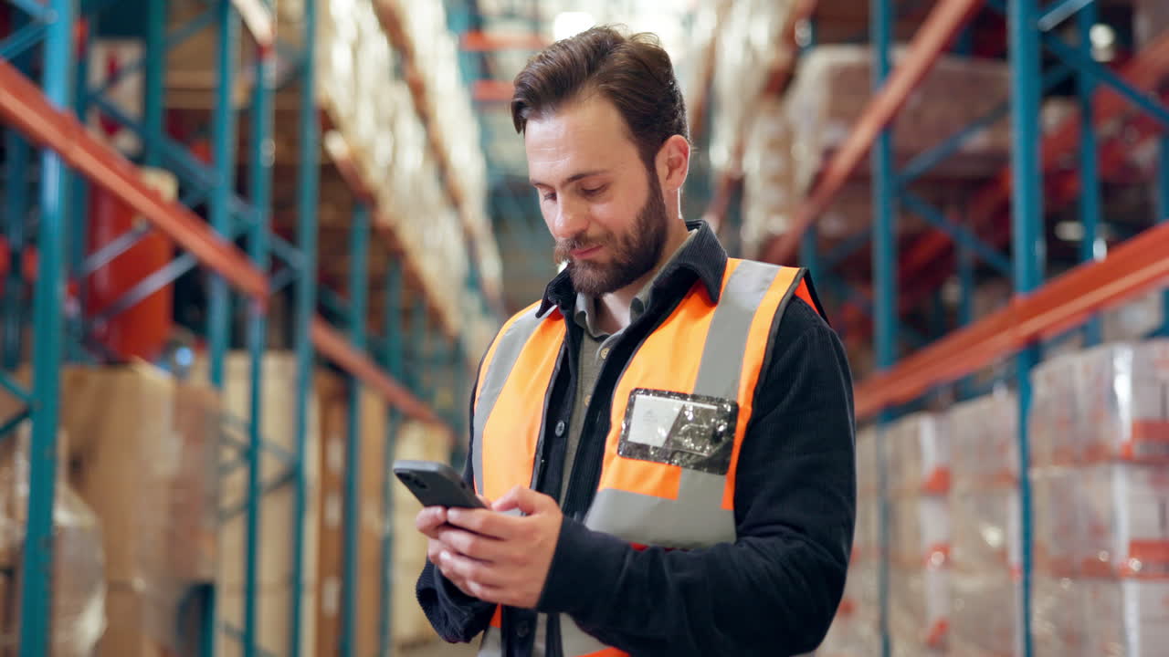 Warehouse worker using smartphone in storage