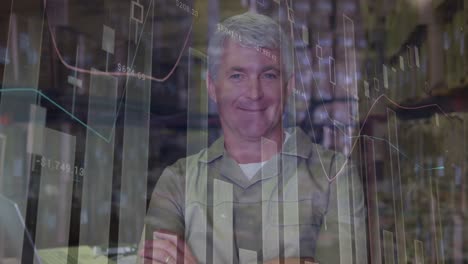 animation of statistical data processing over caucasian senior male worker smiling at warehouse