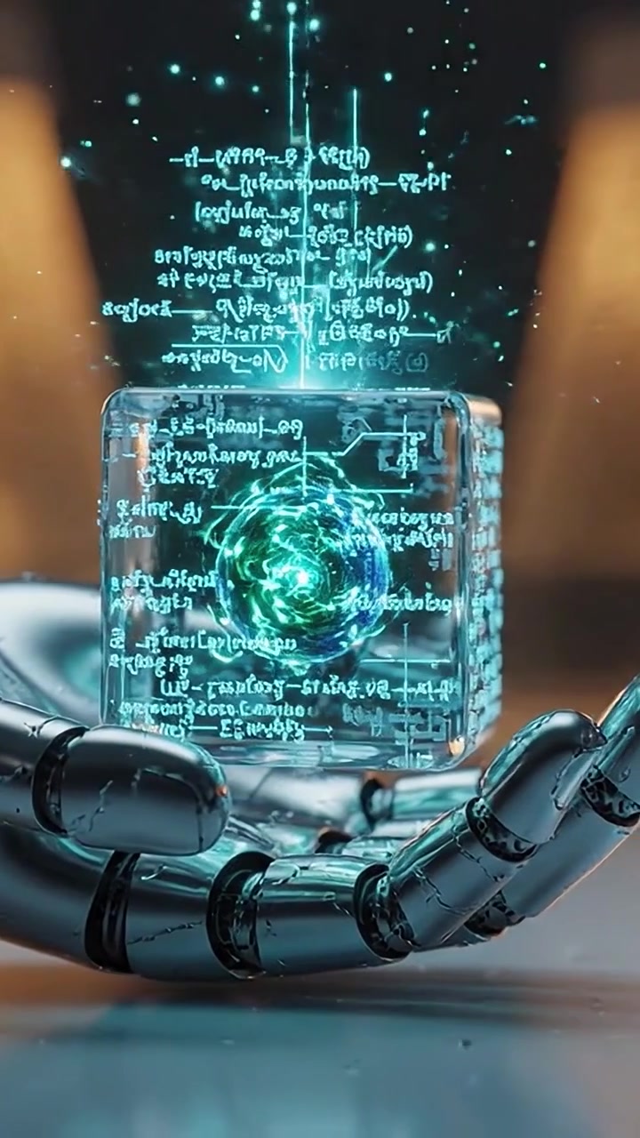 A robotic hand delicately holds a futuristic energy core encased in a transparent cube, showcasing advanced technology and intricate design in stunning detail.