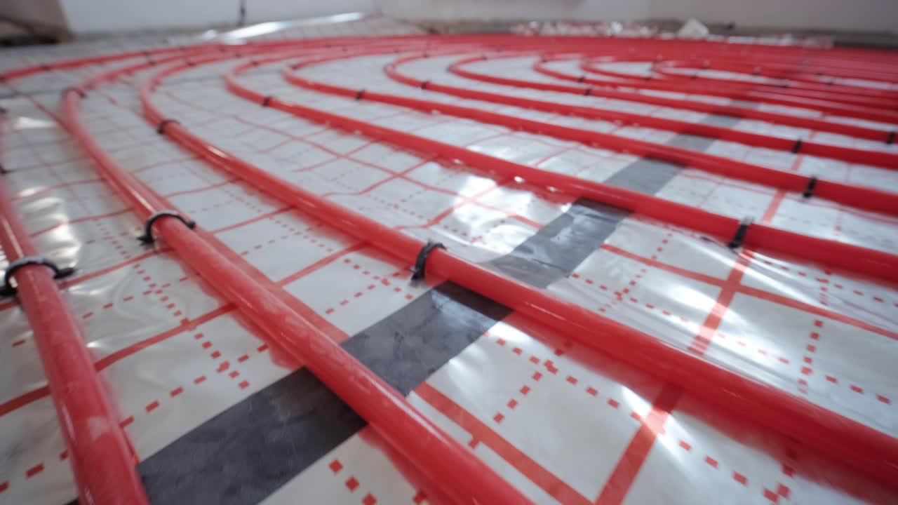 Installing underfloor heating pipes for water heating. Heating systems. Pipes for a heat-insulated floor.