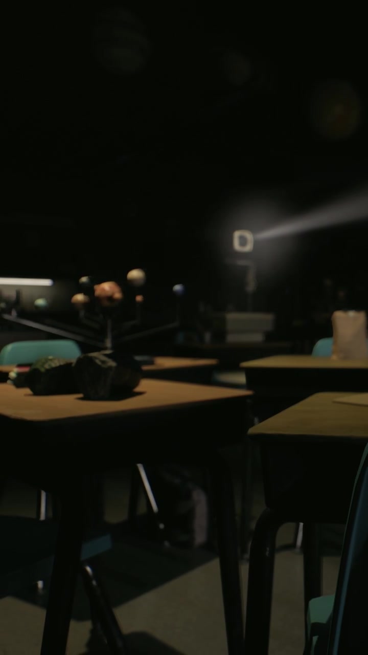 Classroom with empty desks and objects under projection light
