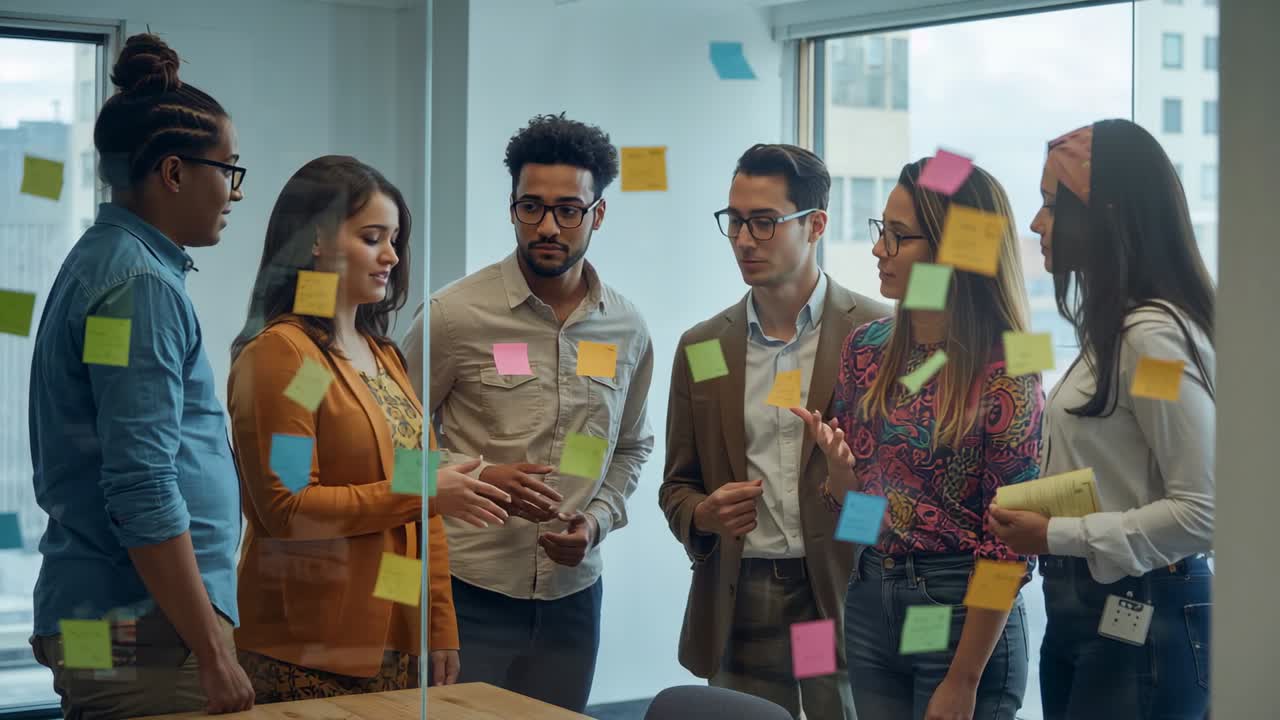 Starting woman in orange cardigan leading discussion at glass room, reviewing colorful sticky notes
