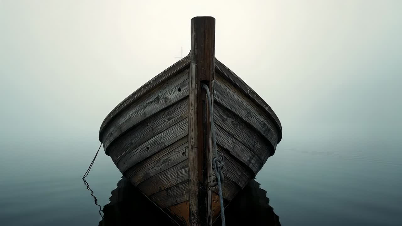 Zooming camera revealing wooden rowboat bow on foggy lake, showing weathered wood and mooring ropes