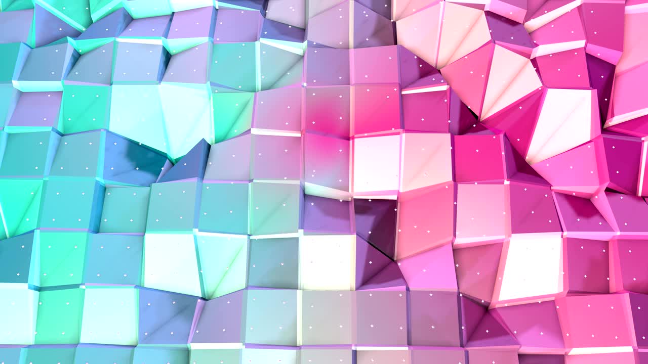 abstracto simple azul rosa baja poli superficie 3d y cristales blancos voladores como fondo psicodélico. suave fondo geométrico baja poli de polígonos rosados azules puros. fondo de bucle sin costuras 4k fullhd.