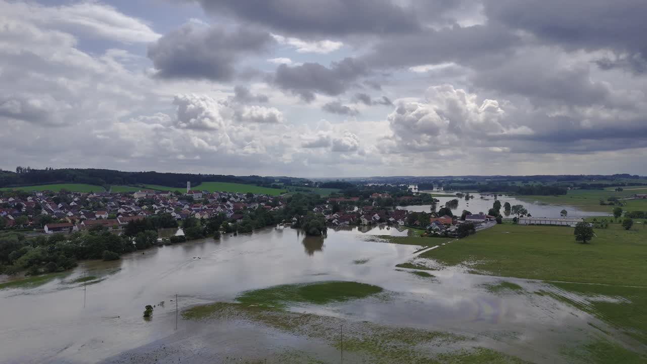Fly towards Hohenkammer over flooded Glonn during high water 2024 in Germany, Bavaria.