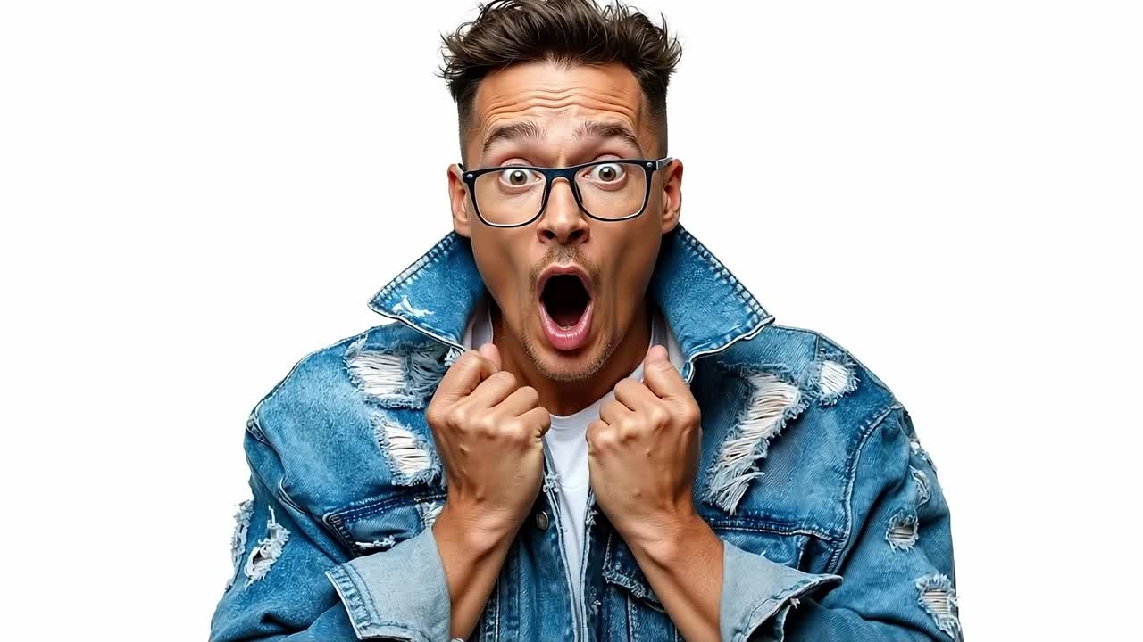 A man wearing glasses and a denim jacket with his mouth open