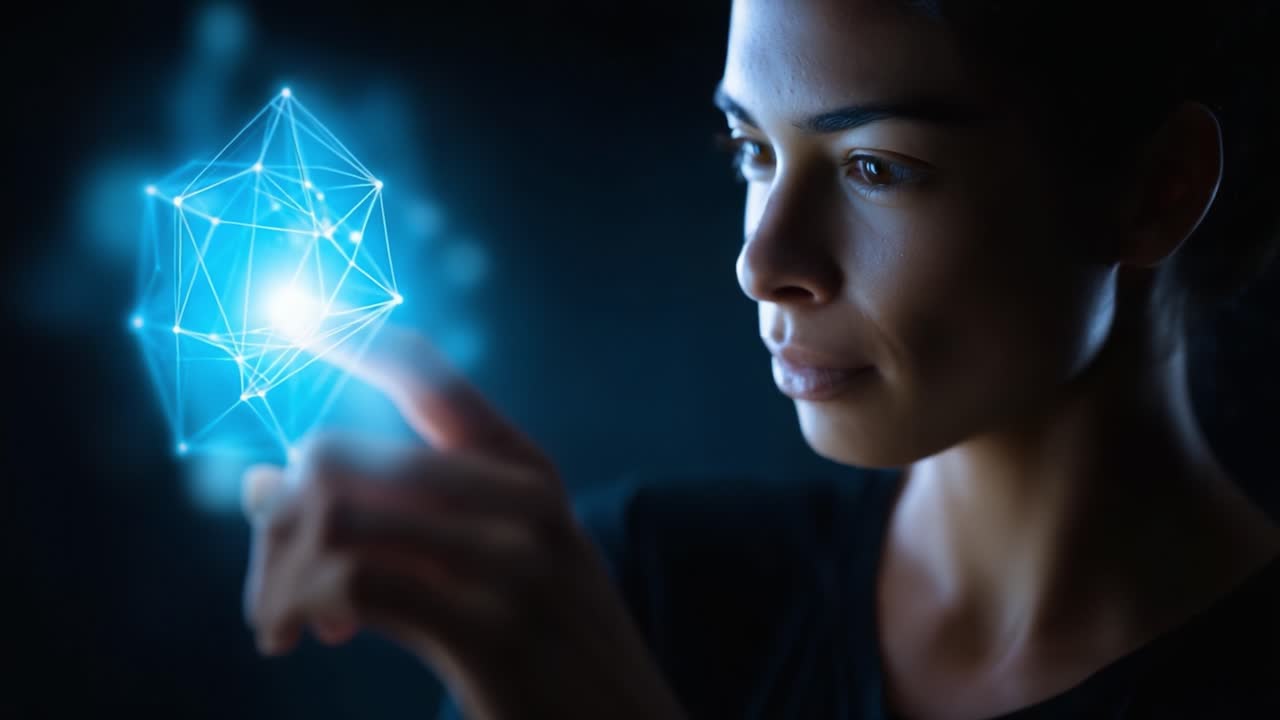 Una donna interagisce con una forma geometrica 3D luminosa, mettendo in mostra tecnologia e innovazione in un ambiente buio ed enfatizzando la fusione tra umanità e arte digitale
