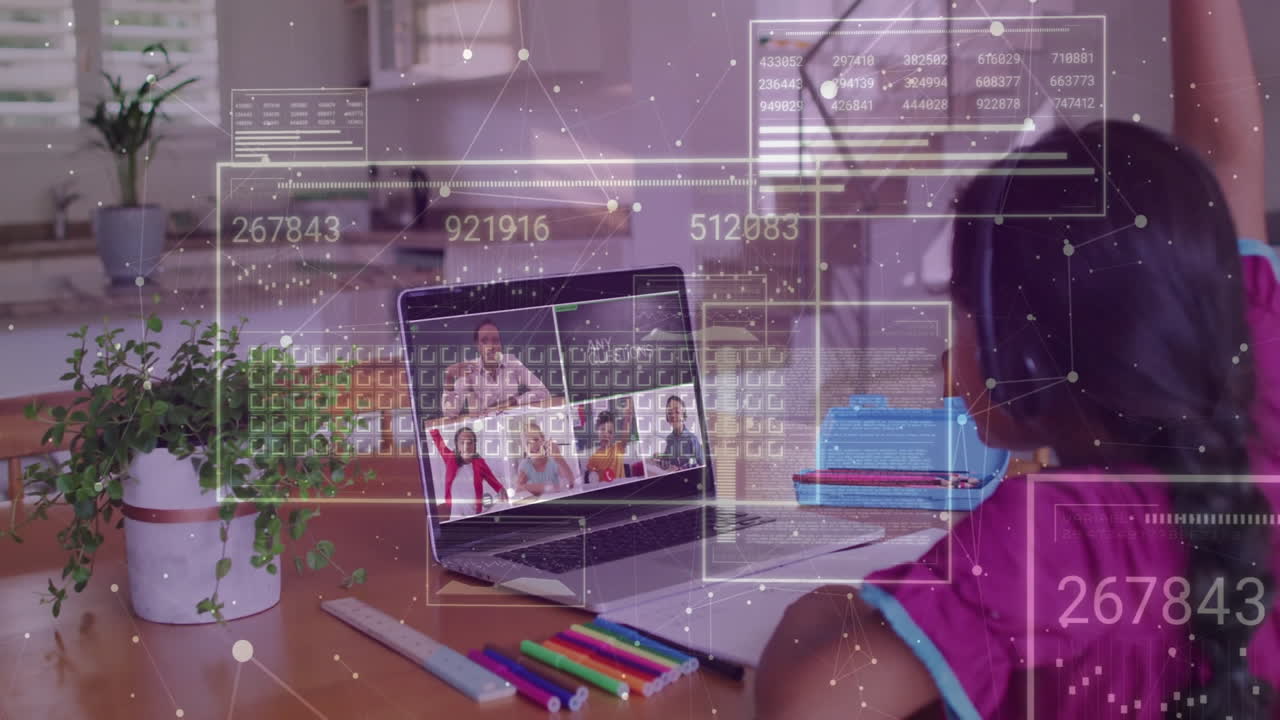 Child in school, studying online with animation data overlay at home