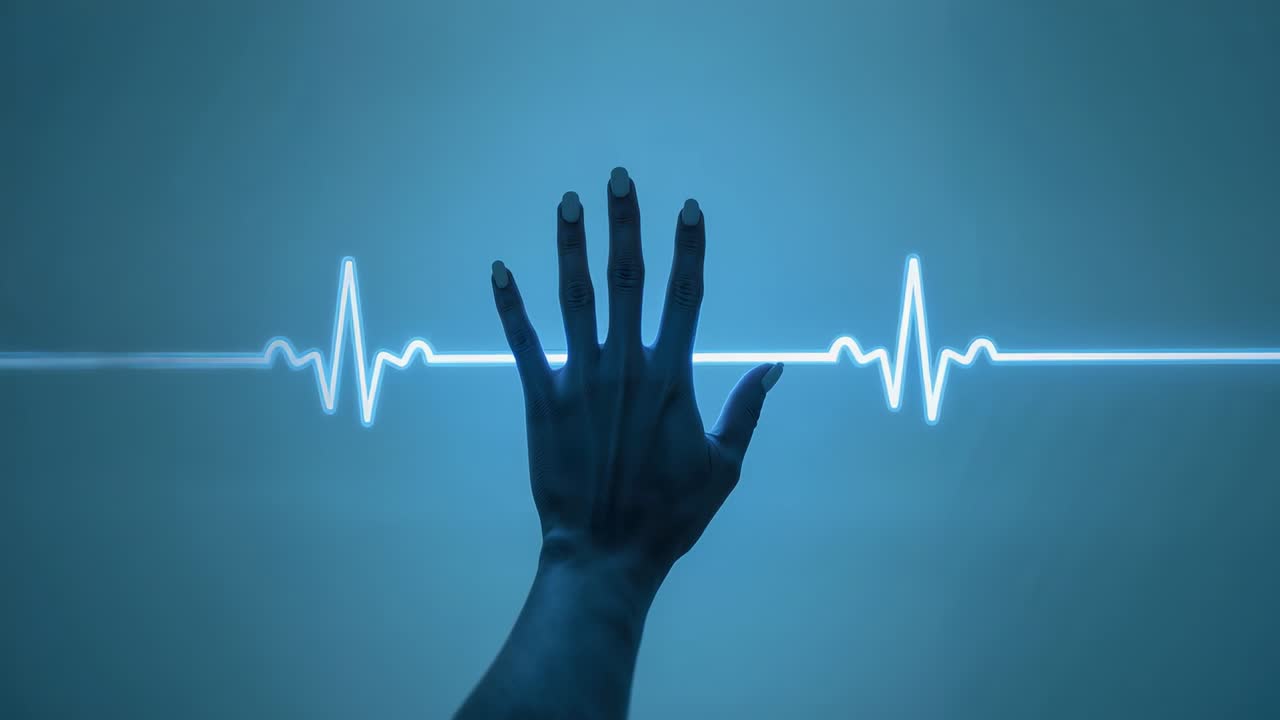 Entering right hand reaching upward at blue studio close-up, aligning with neon ECG waveform