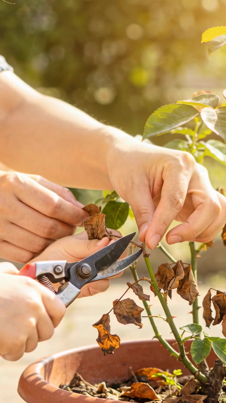 Vertical video: Lifting red-handled pruners hands trimming potted rose on patio tidying dead blooms