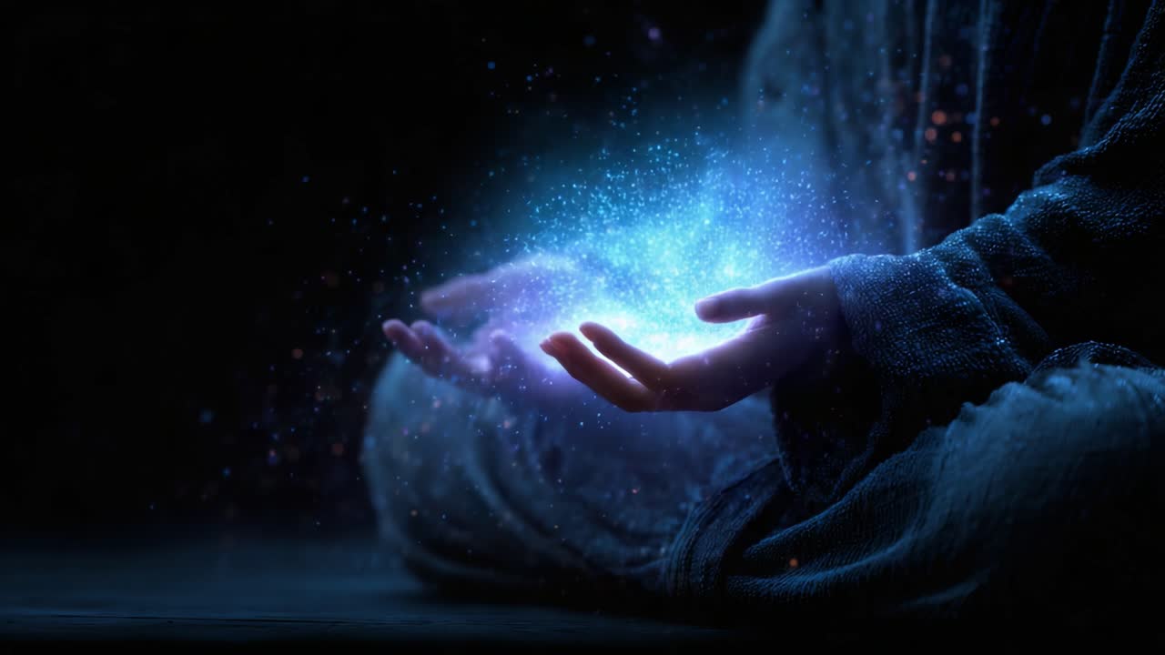 Eksplorasi Tenang Energi Kosmik: Tangan Penciptaan Menyalurkan Spektrum Cahaya dan Warna yang Mistis dalam Keadaan Meditasi