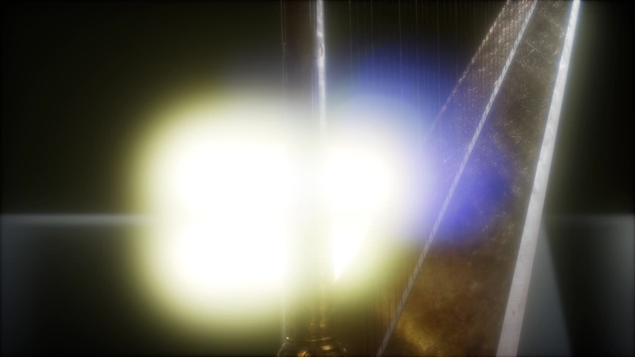 instrumento de arpa en la oscuridad con luces brillantes