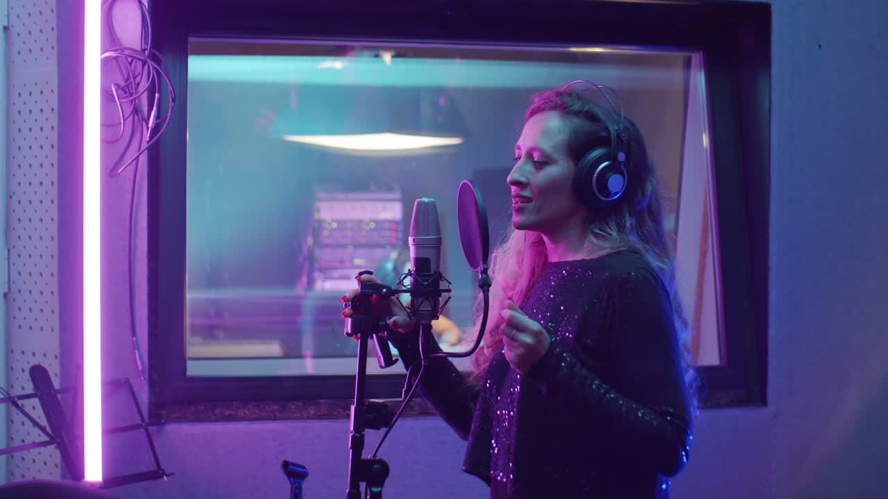 Donna che registra una canzone in studio