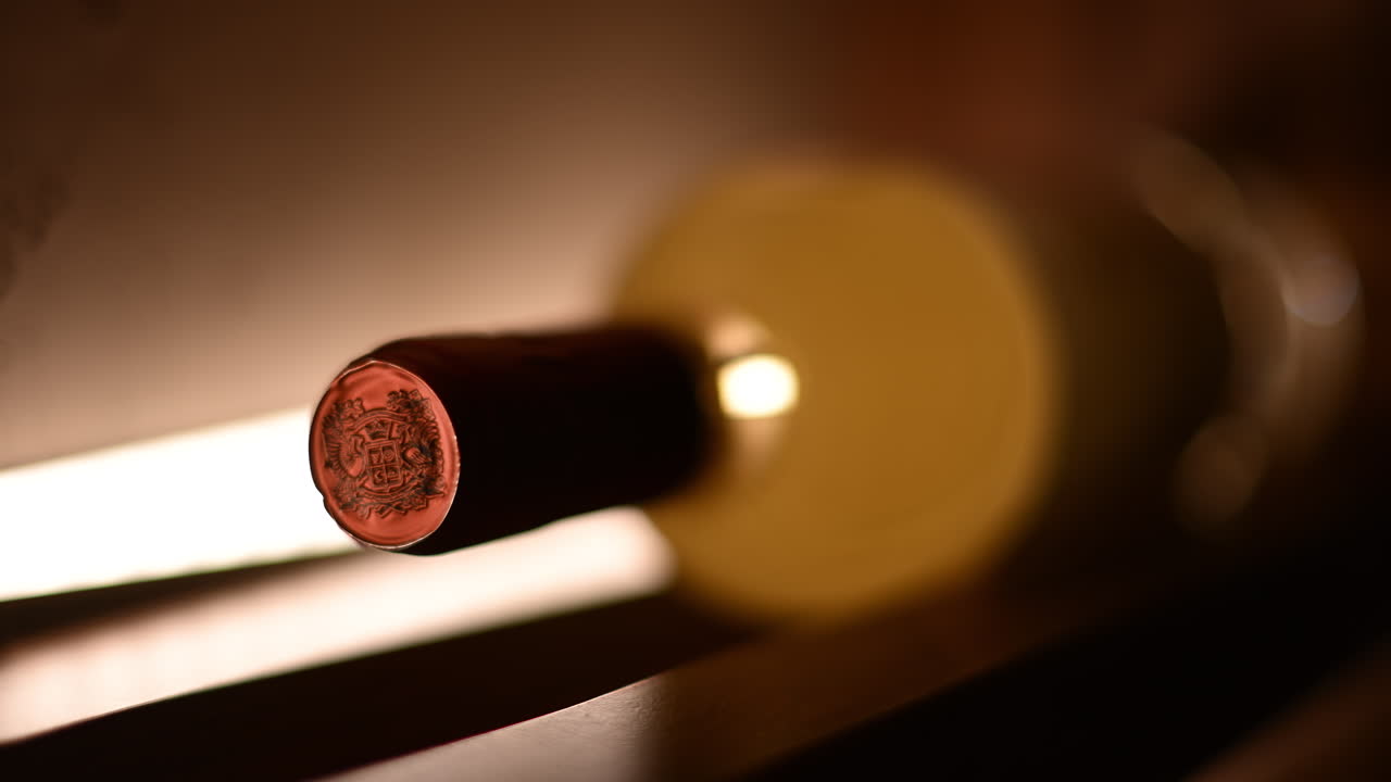 Close de uma garrafa de vinho branco em uma prateleira