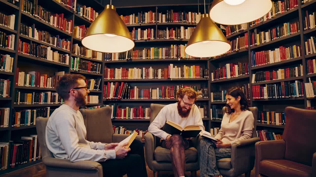 Cozy library setting with three people reading, captured from a wide-angle perspective