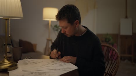 artist sketching at home at night