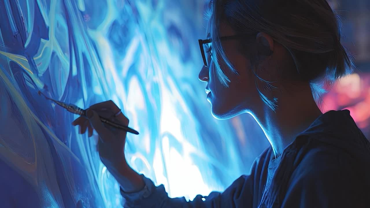 Creative artist painting vibrant mural at night event in urban setting