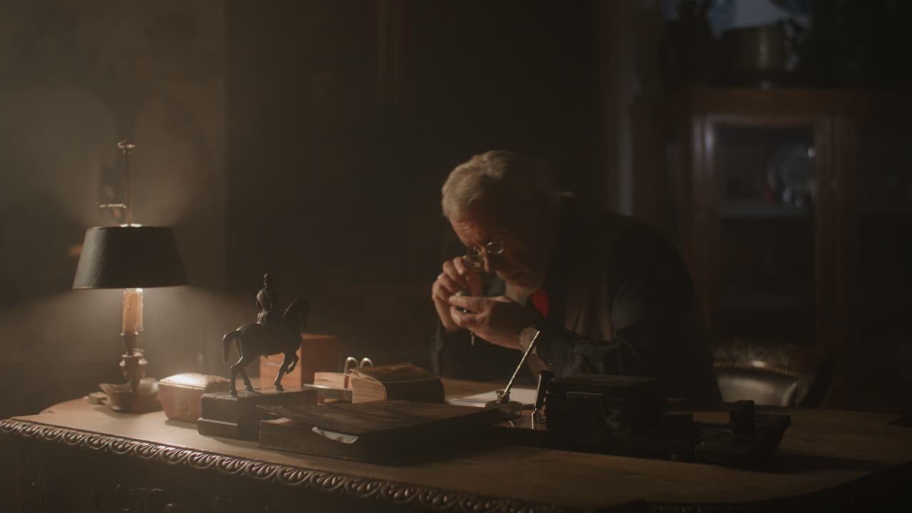 Older passionate man evaluates an old silver skull watch in his office at night