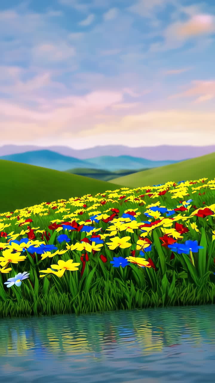 Colorful Flowers on a Meadow by a Lake