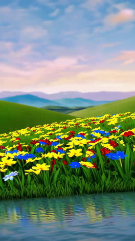 colorful flowers on a meadow by a lake