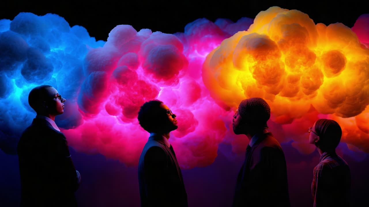 A Thought-Provoking Encounter: Four Individuals Engage in Deep Reflection Amidst Vibrant Clouds of Color and Emotion, Symbolizing Diverse Perspectives and Shared Insights