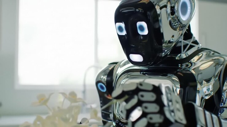 A humanoid robot with a shiny surface engages with potted plants in a modern indoor space. The setup highlights robotic capabilities and innovation in technology.