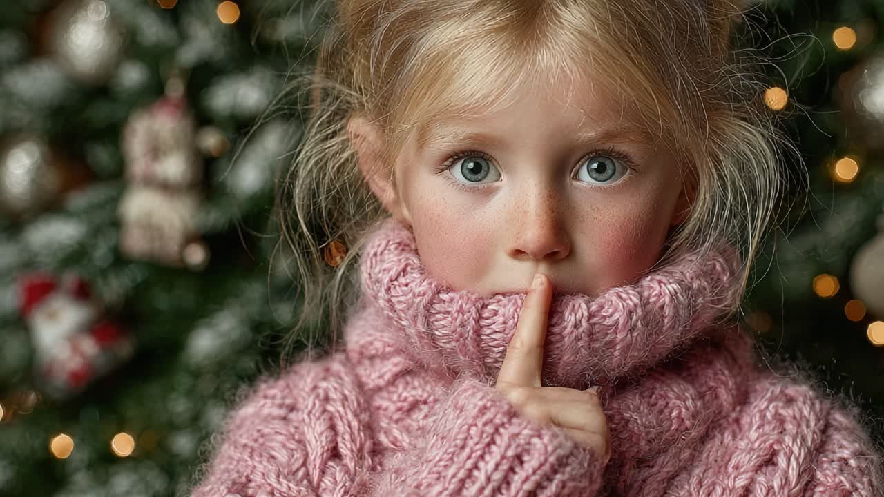 A Sweet and Quiet Moment: A Young Child in a Cozy Sweater Holds a Finger to Her Lips for a Silent Cheer During the Magical Holiday Season