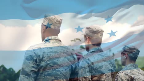 digital composition of waving honduras flag against rear view of soldiers saluting at training camp