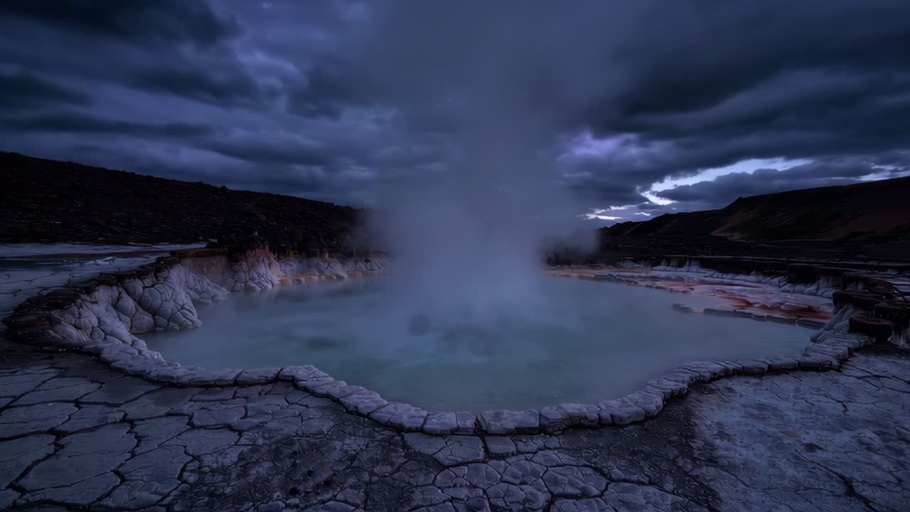 Dramatic Geyser with Lightning Under a Stormy Sky