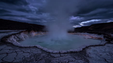 dramatic geyser with lightning under a stormy sky