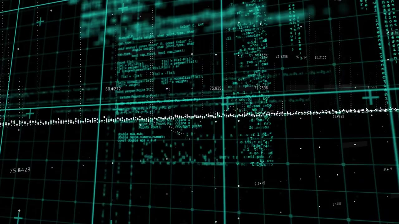 Animation of data processing over grid network against black background
