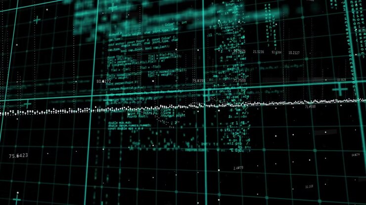 Animation of data processing over grid network against black background