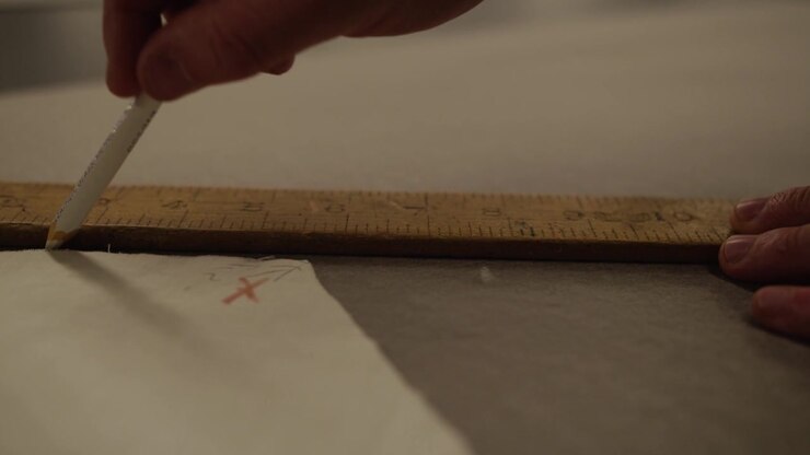 Hand measuring fabric and drawing on fabric in an Industrial Factory setting. Close-up of Hand measuring pattern making.