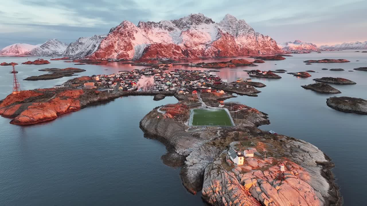 로포텐 섬의 공중 풍경 - 겨울의 아름다운 풍경