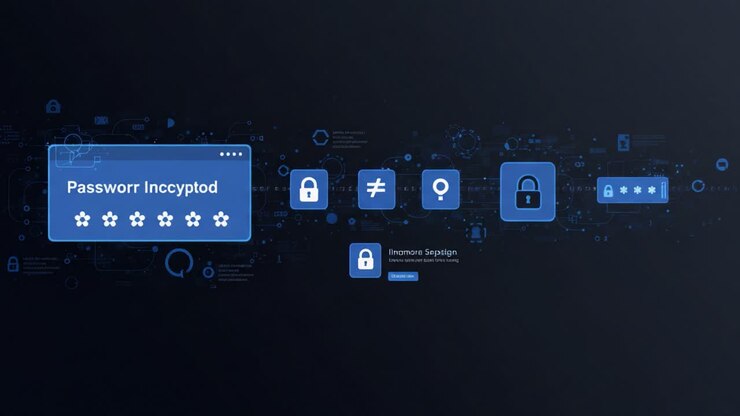 Het digitale landschap van veilig wachtwoordbeheer verkennen met innovatieve encryptietechnieken en blockchain-technologie gevisualiseerd in verbluffende graphics
