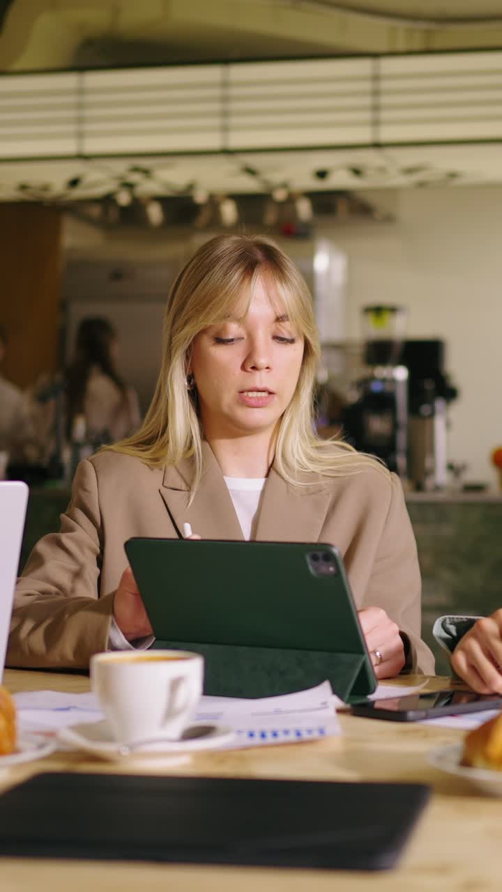 Giovane donna che discute idee di business su tablet al bar