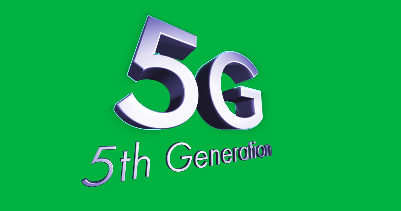 Animazione del testo 5G con scie di luce verde che simboleggia la connettività globale.