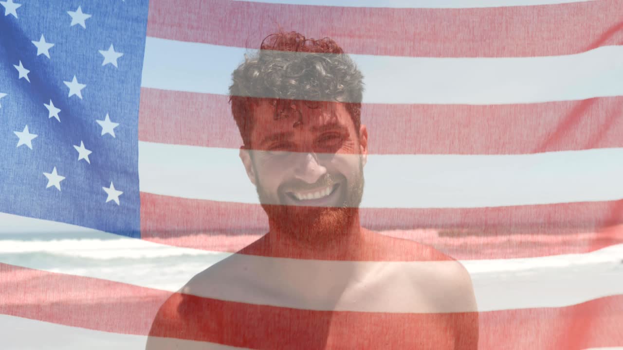 해변에 있는 행복한 백인 남자의 초상화 위에 흔들리는 미국  ⁇ 발의 애니메이션