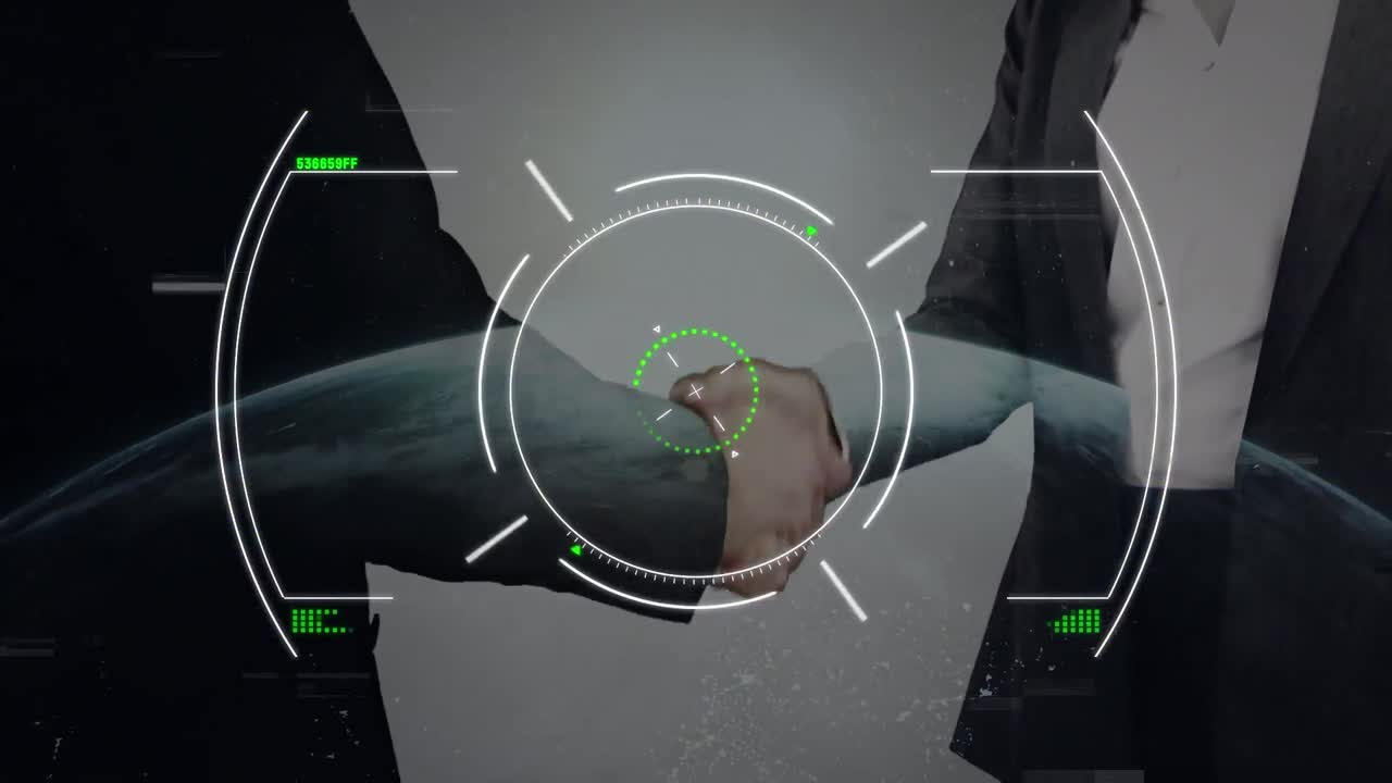 비즈니스맨과 비즈니스맨이 손을 흔드는 중간 섹션에 대한 스캔 범위 이상의 오류 효과