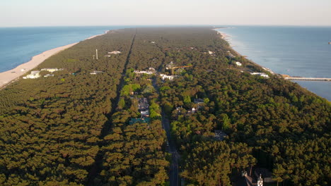 Drone-flight-over-Jurata-resort-town-on-Hel-Peninsula,-Poland