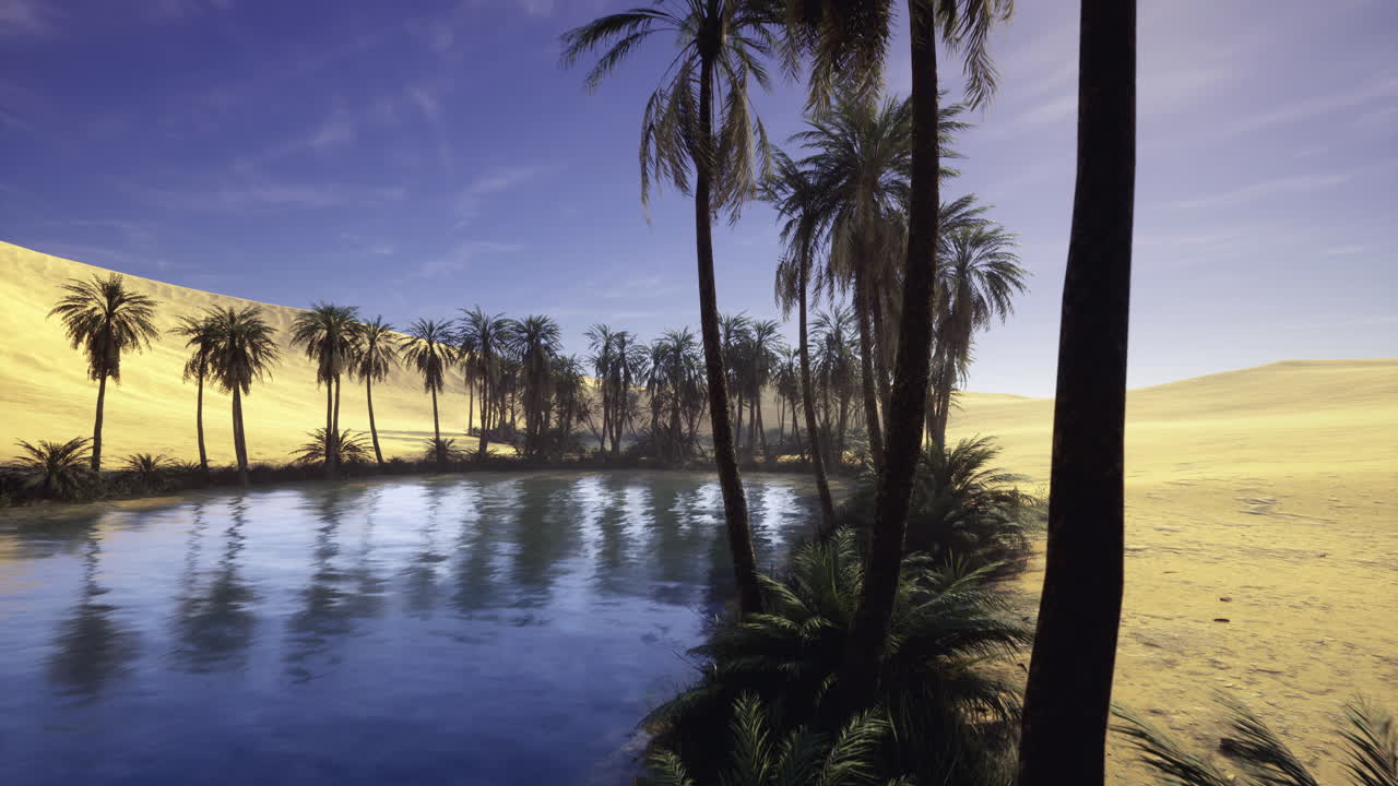 Scena tranquilla di spiaggia al tramonto con onde dolci e alberi in silhouette
